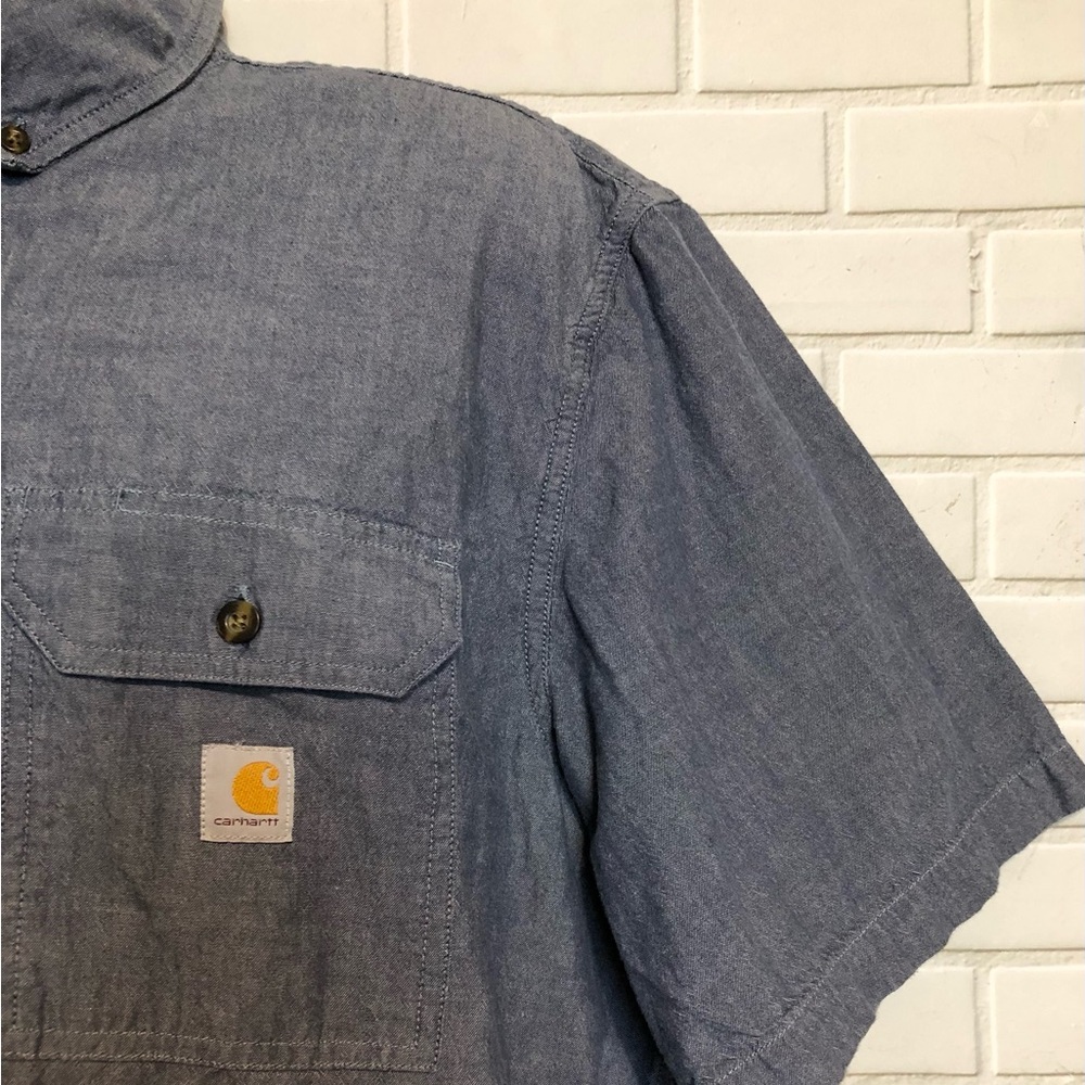 Carhartt Men's Loose Fit Denim Blue Chambray Button Front Short Sleeve Shirt XL - Picture 5 of 9
